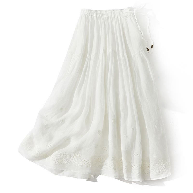 Buddha Stones Embroidery Hollow Design A-line Drawstring High Waist Women's Skirt With Pockets - White - US8-10，UK/AU12-14，EU40-42 (2XL) - image 8