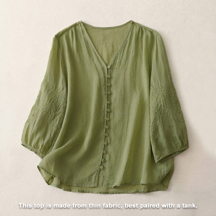 Buddha Stones Embroidery Button-down Women's Shirt - image 1