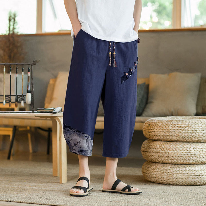 Buddha Stones Summer Casual Vintage Drawstring Floral Capri Pants Men's Harem Pants With Pocket - MidnightBlue - US/UK/AU46, EU56 (5XL) - image 6
