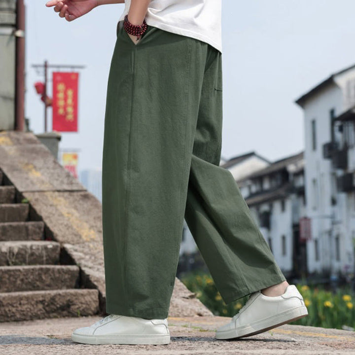Buddha Stones Summer Casual Minimalist Drawstring Solid Cotton Long Pants Men's Harem Pants With Pocket - image 24