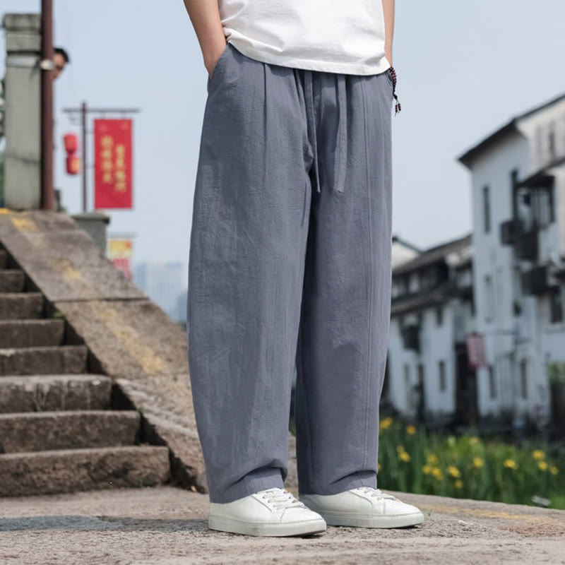 Buddha Stones Summer Casual Minimalist Drawstring Solid Cotton Long Pants Men's Harem Pants With Pocket - image 1