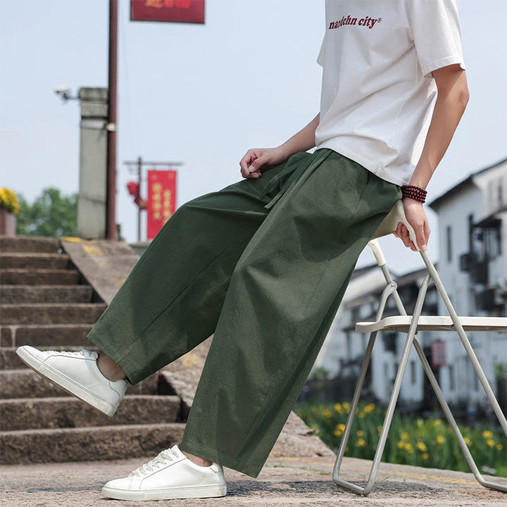 Buddha Stones Summer Casual Minimalist Drawstring Solid Cotton Long Pants Men's Harem Pants With Pocket - image 31