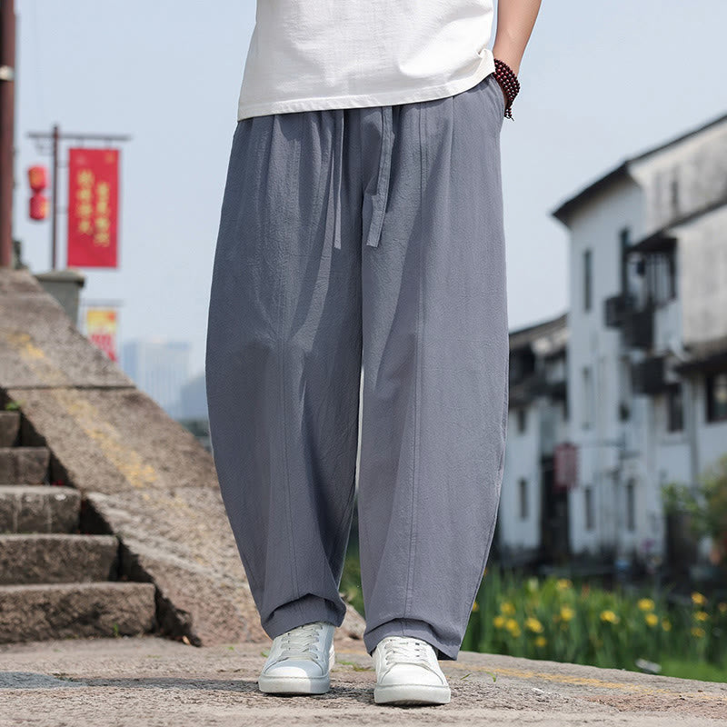 Buddha Stones Summer Casual Minimalist Drawstring Solid Cotton Long Pants Men's Harem Pants With Pocket - DarkGray - US/UK/AU46, EU56 (5XL) - image 0