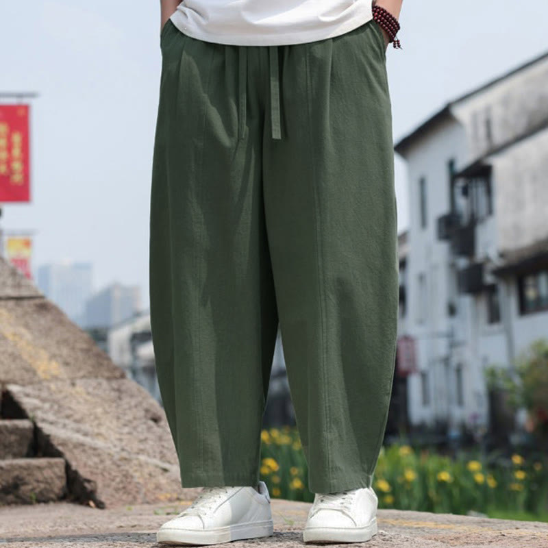 Buddha Stones Summer Casual Minimalist Drawstring Solid Cotton Long Pants Men's Harem Pants With Pocket - image 27