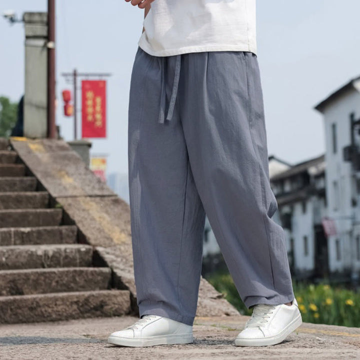 Buddha Stones Summer Casual Minimalist Drawstring Solid Cotton Long Pants Men's Harem Pants With Pocket - image 7
