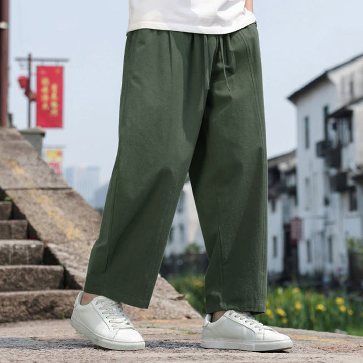 Buddha Stones Summer Casual Minimalist Drawstring Solid Cotton Long Pants Men's Harem Pants With Pocket - image 22