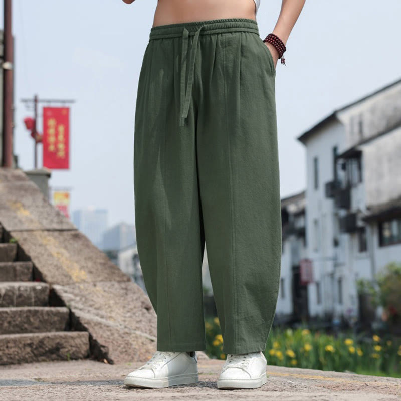 Buddha Stones Summer Casual Minimalist Drawstring Solid Cotton Long Pants Men's Harem Pants With Pocket - image 26