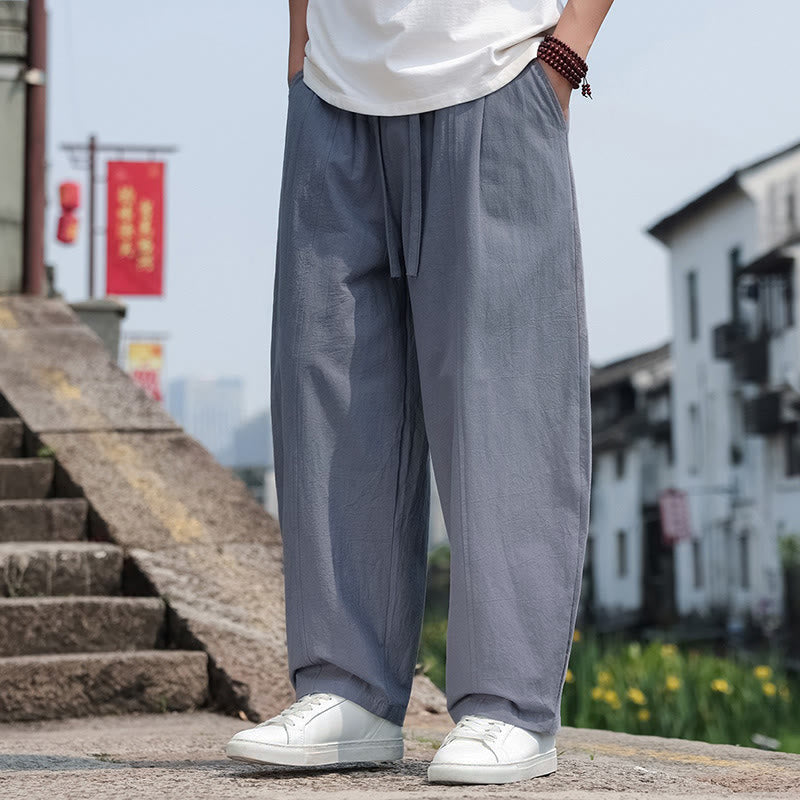 Buddha Stones Summer Casual Minimalist Drawstring Solid Cotton Long Pants Men's Harem Pants With Pocket - image 2