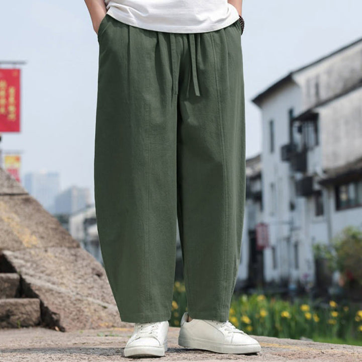 Buddha Stones Summer Casual Minimalist Drawstring Solid Cotton Long Pants Men's Harem Pants With Pocket - image 25