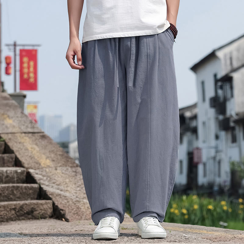 Buddha Stones Summer Casual Minimalist Drawstring Solid Cotton Long Pants Men's Harem Pants With Pocket - image 3