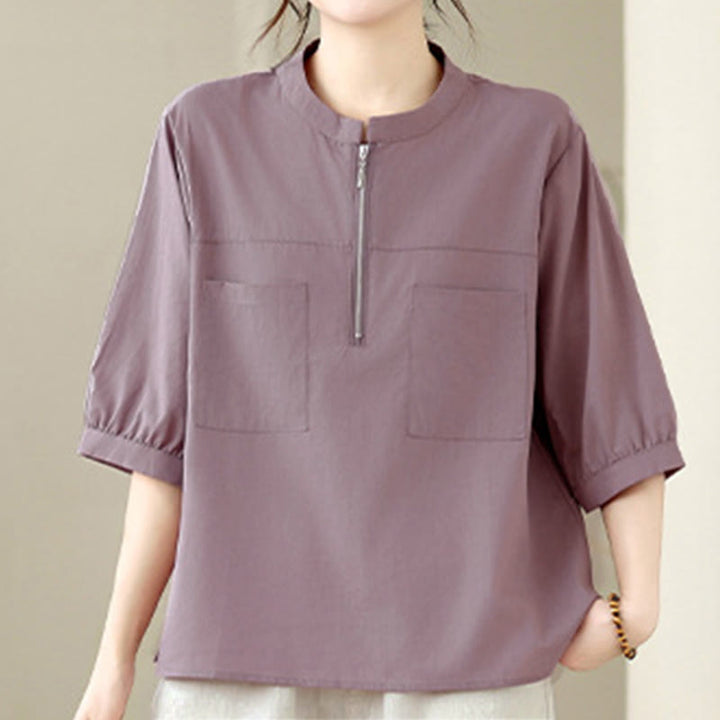 Buddha Stones Summer Minimalist Casual Quarter Zip Design Solid Women's Short Sleeve Shirts With Patch Pocket - image 13