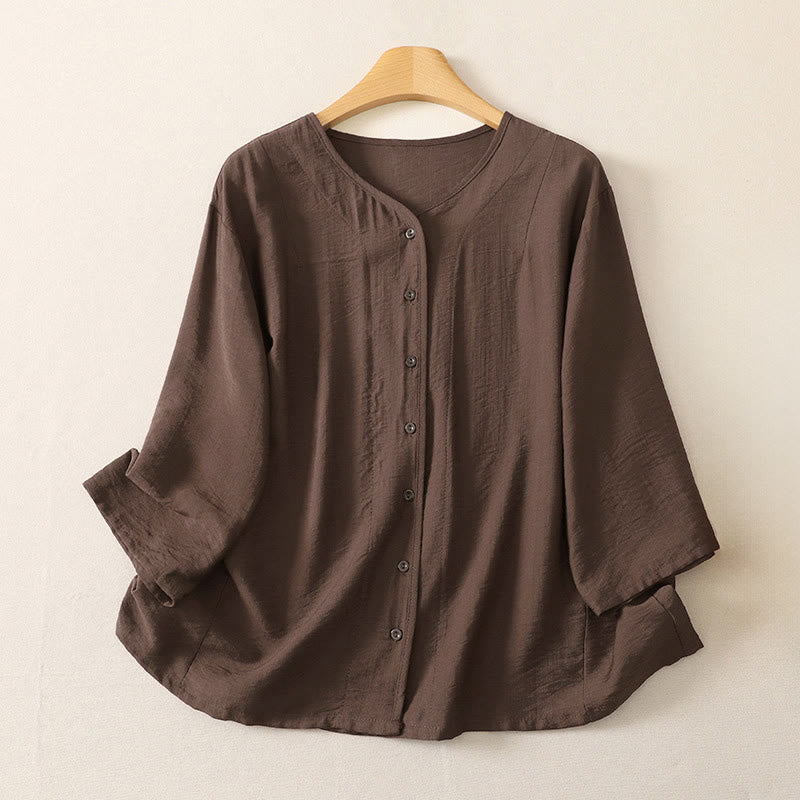Buddha Stones Summer Casual Minimalist Button-Up Solid Women's Long Sleeve Shirts - SaddleBrown - US12, UK/AU16, EU44 (3XL) - image 17