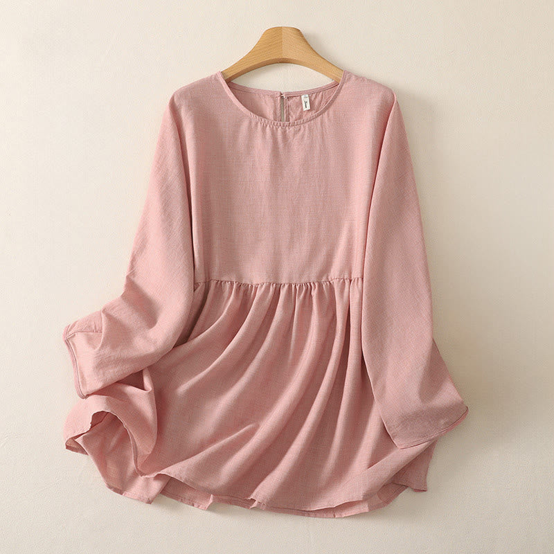 Buddha Stones Summer Casual Minimalist Solid Crew Neck Women's Long Sleeve Shirts - LightPink - US12, UK/AU16, EU44 (2XL) - image 0