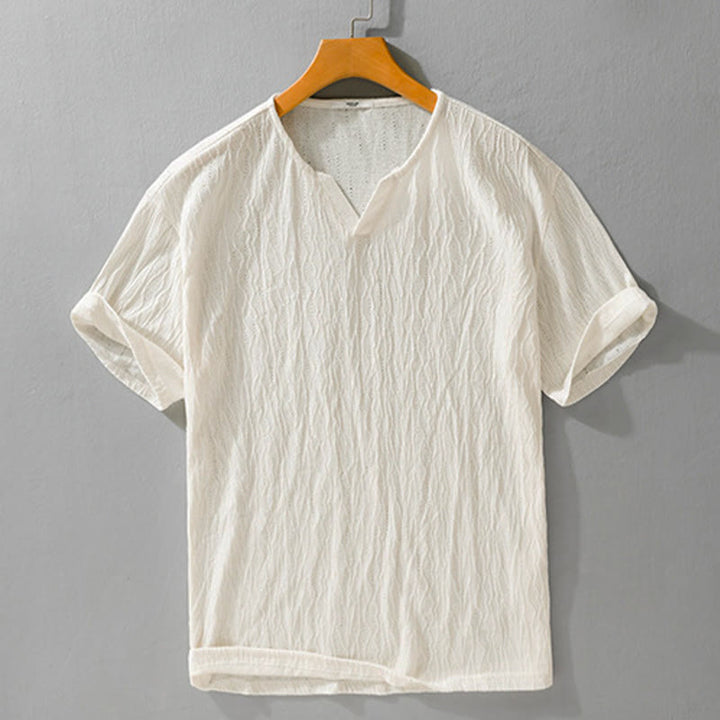 Buddha Stones Summer Casual Minimalist Solid V-Neck Men's Short Sleeve T-Shirts - Linen - US/UK/AU42, EU52 (3XL) - image 11