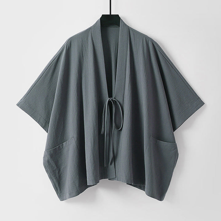 Buddha Stones Summer Minimalist Drawstring Lace-up Solid Short Sleeve Men's Kimono With Pockets - DimGray - US/UK/AU40, EU50 (L) - image 0