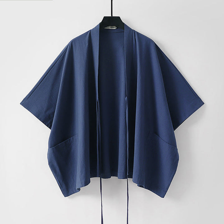 Buddha Stones Summer Minimalist Drawstring Lace-up Solid Short Sleeve Men's Kimono With Pockets - image 6