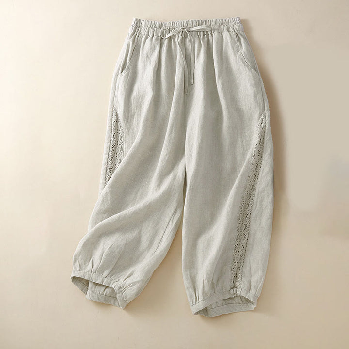 Buddha Stones Solid Color Flower Loose Drawstring Harem Pants With Pockets - Beige - US8-10，UK/AU12-14，EU40-42 (2XL) - image 0