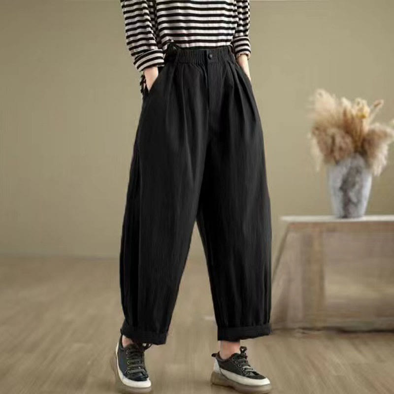 Buddha Stones Casual Solid Color One Top Button Elastic Waistband Women's Pants With Pockets - Black - US8-10，UK/AU12-14，EU40-42 (2XL) - image 11