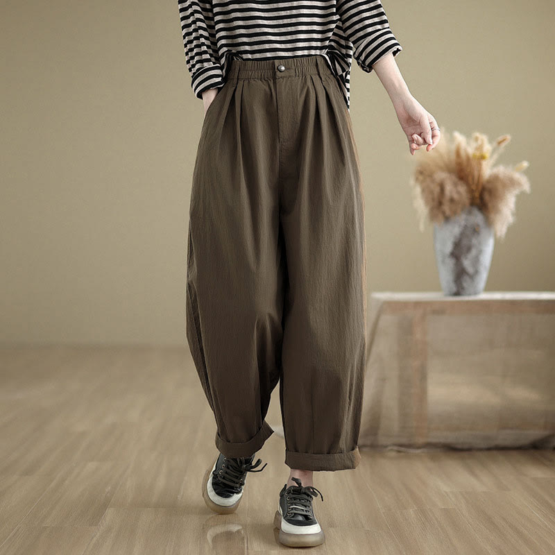 Buddha Stones Casual Solid Color One Top Button Elastic Waistband Women's Pants With Pockets - image 5