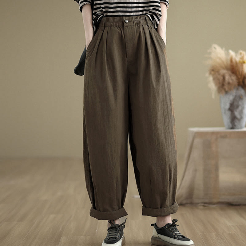 Buddha Stones Casual Solid Color One Top Button Elastic Waistband Women's Pants With Pockets - image 1