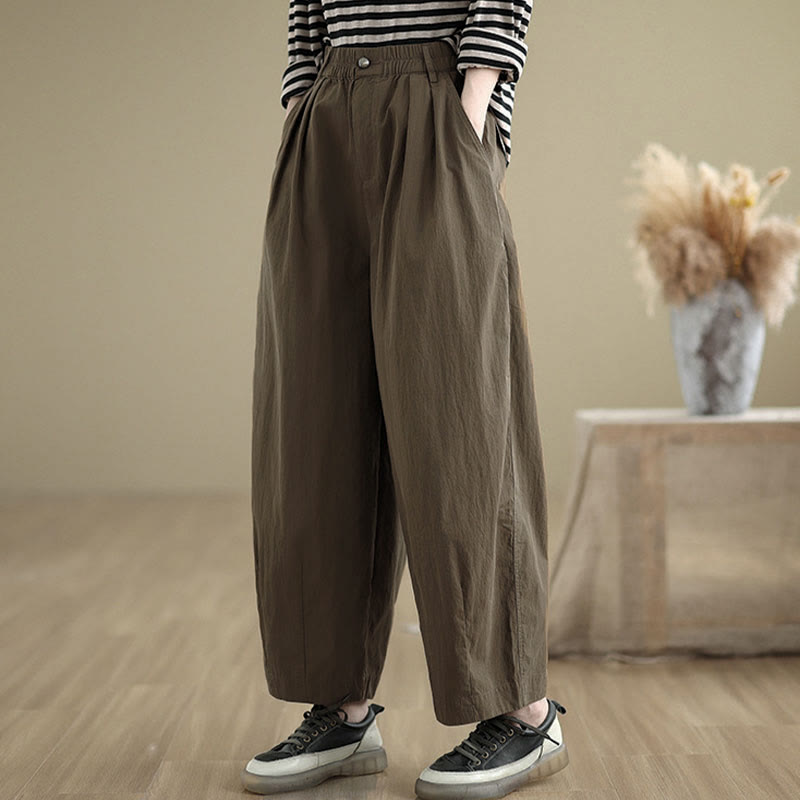 Buddha Stones Casual Solid Color One Top Button Elastic Waistband Women's Pants With Pockets - image 4