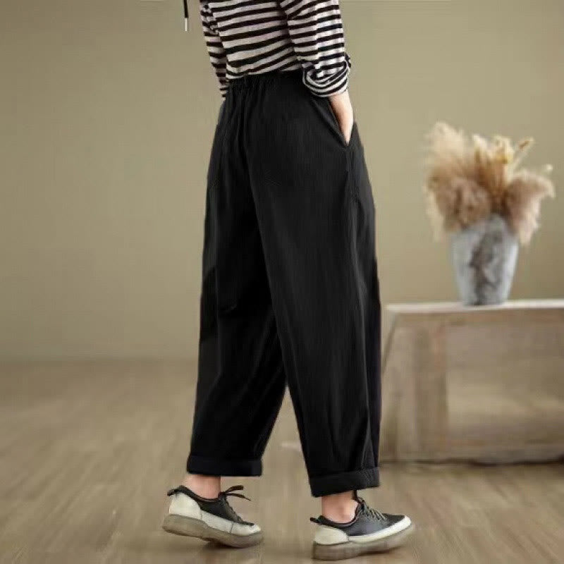Buddha Stones Casual Solid Color One Top Button Elastic Waistband Women's Pants With Pockets - image 13