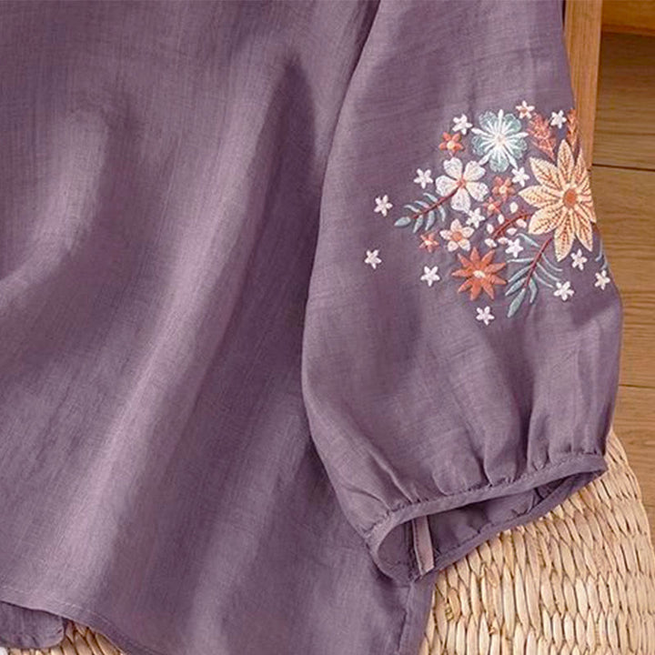 Buddha Stones Casual Flower Leaf Embroidery Women's Crew Neck Design Three Quarter Sleeve T-shirt - image 4