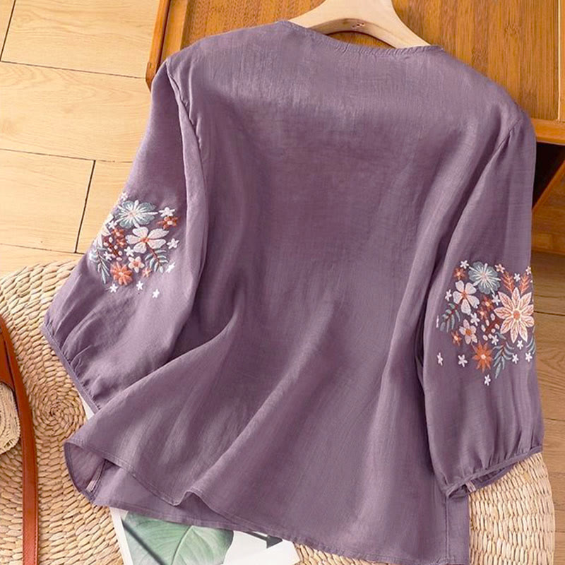 Buddha Stones Casual Flower Leaf Embroidery Women's Crew Neck Design Three Quarter Sleeve T-shirt - image 1