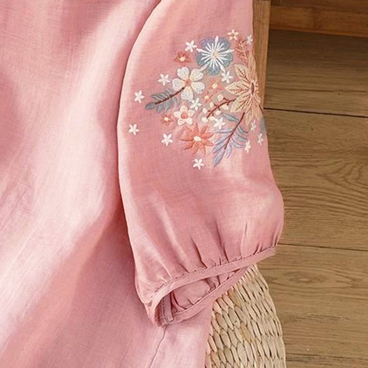 Buddha Stones Casual Flower Leaf Embroidery Women's Crew Neck Design Three Quarter Sleeve T-shirt - image 16
