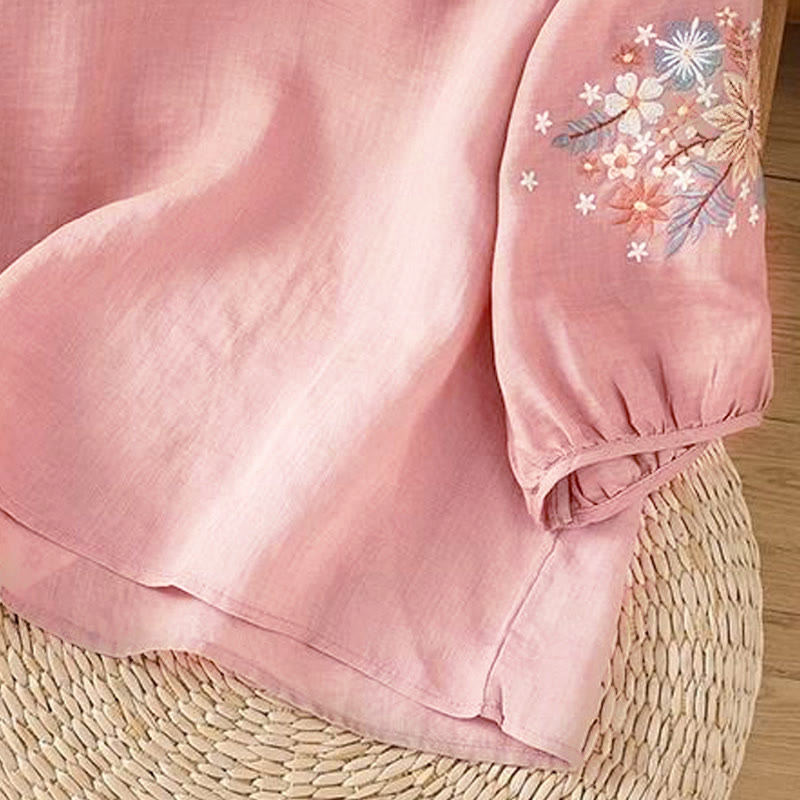 Buddha Stones Casual Flower Leaf Embroidery Women's Crew Neck Design Three Quarter Sleeve T-shirt - image 15