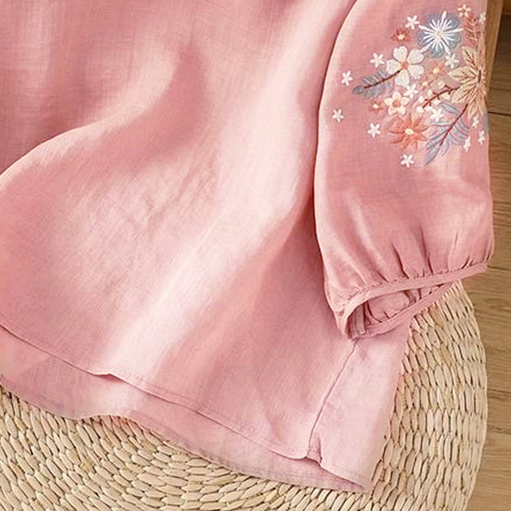 Buddha Stones Casual Flower Leaf Embroidery Women's Crew Neck Design Three Quarter Sleeve T-shirt - image 15