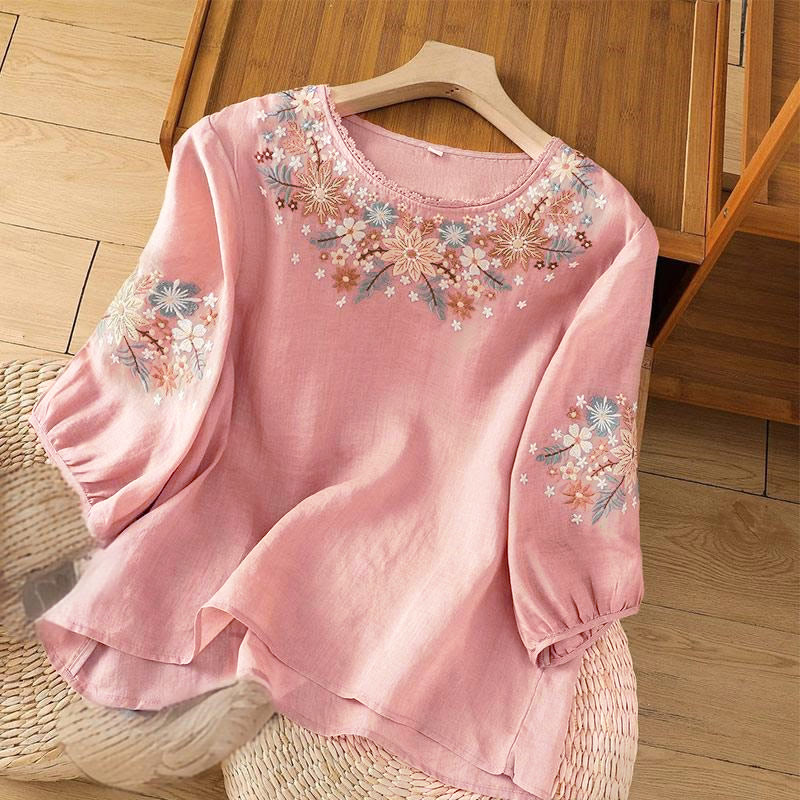 Buddha Stones Casual Flower Leaf Embroidery Women's Crew Neck Design Three Quarter Sleeve T-shirt - LightPink - US12，UK/AU16，EU44 (3XL) - image 11