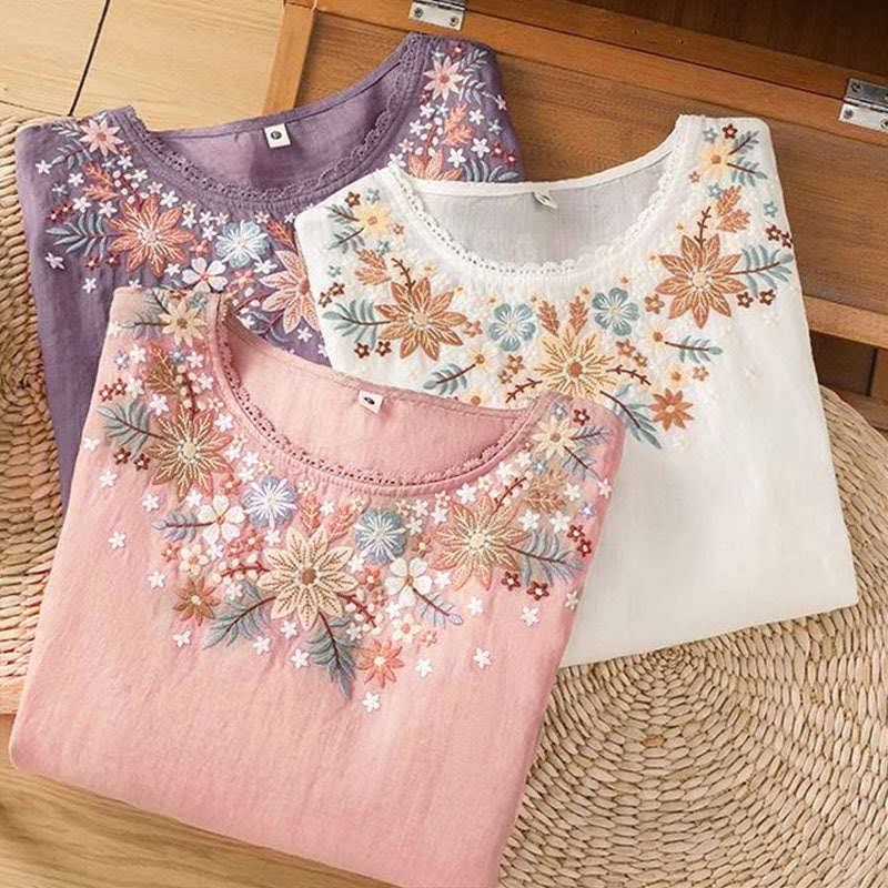 Buddha Stones Casual Flower Leaf Embroidery Women's Crew Neck Design Three Quarter Sleeve T-shirt - image 17