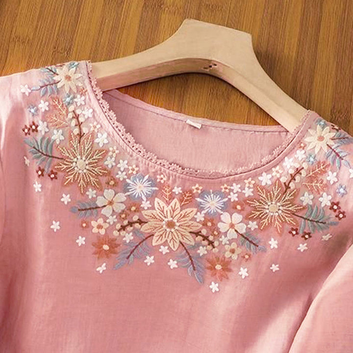 Buddha Stones Casual Flower Leaf Embroidery Women's Crew Neck Design Three Quarter Sleeve T-shirt - image 13