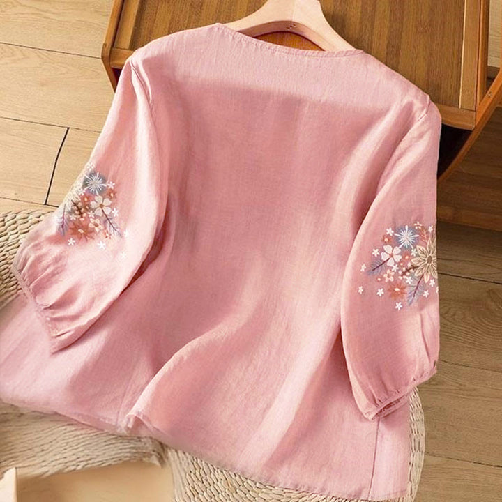 Buddha Stones Casual Flower Leaf Embroidery Women's Crew Neck Design Three Quarter Sleeve T-shirt - image 12