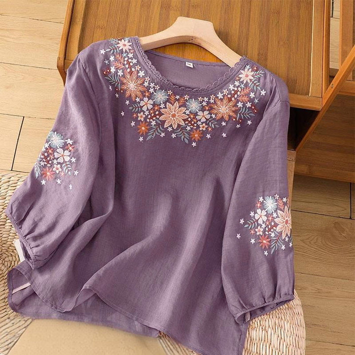 Buddha Stones Casual Flower Leaf Embroidery Women's Crew Neck Design Three Quarter Sleeve T-shirt - MediumPurple - US12，UK/AU16，EU44 (3XL) - image 0