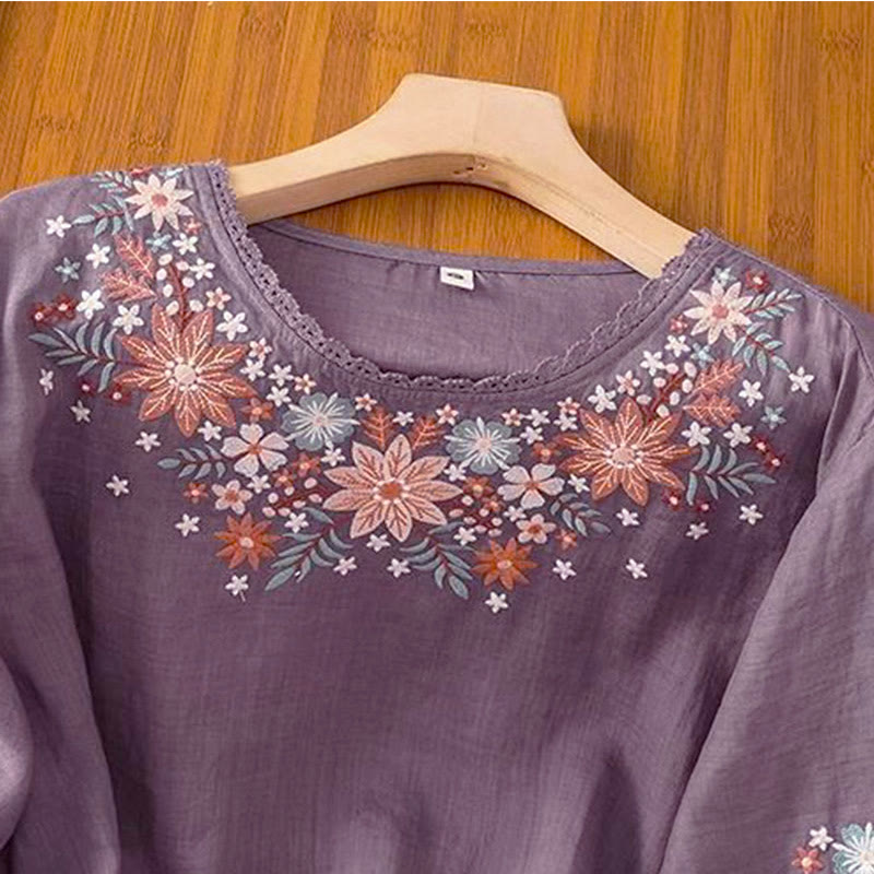 Buddha Stones Casual Flower Leaf Embroidery Women's Crew Neck Design Three Quarter Sleeve T-shirt - image 2