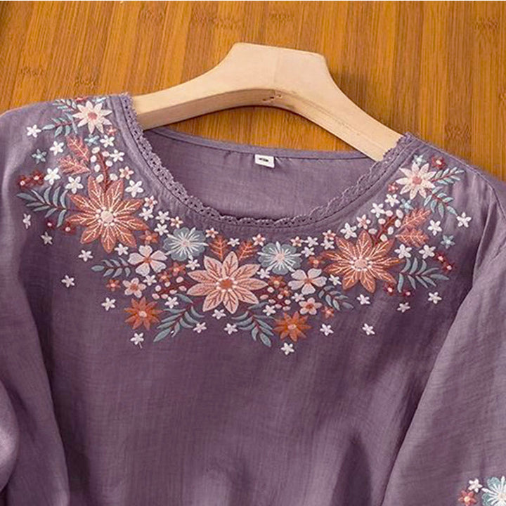 Buddha Stones Casual Flower Leaf Embroidery Women's Crew Neck Design Three Quarter Sleeve T-shirt - image 2