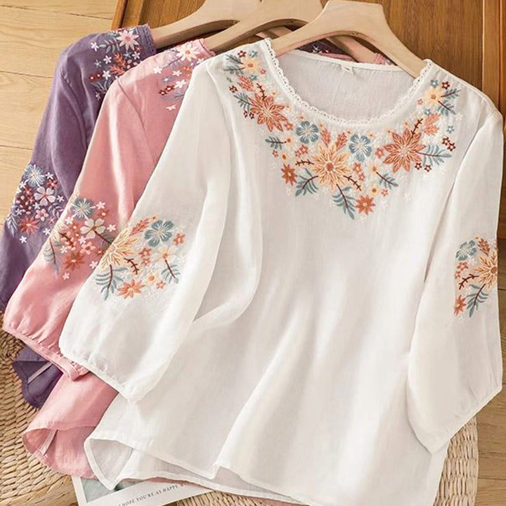 Buddha Stones Casual Flower Leaf Embroidery Women's Crew Neck Design Three Quarter Sleeve T-shirt - image 18