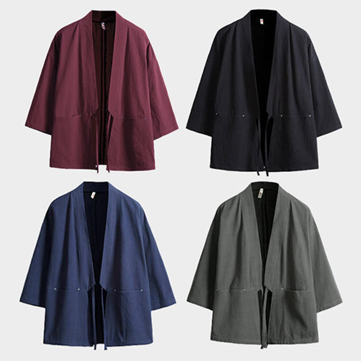 Buddha Stones Solid Color Lace-up Three Quarter Sleeve Open Front Jacket Men's Kimono - image 16