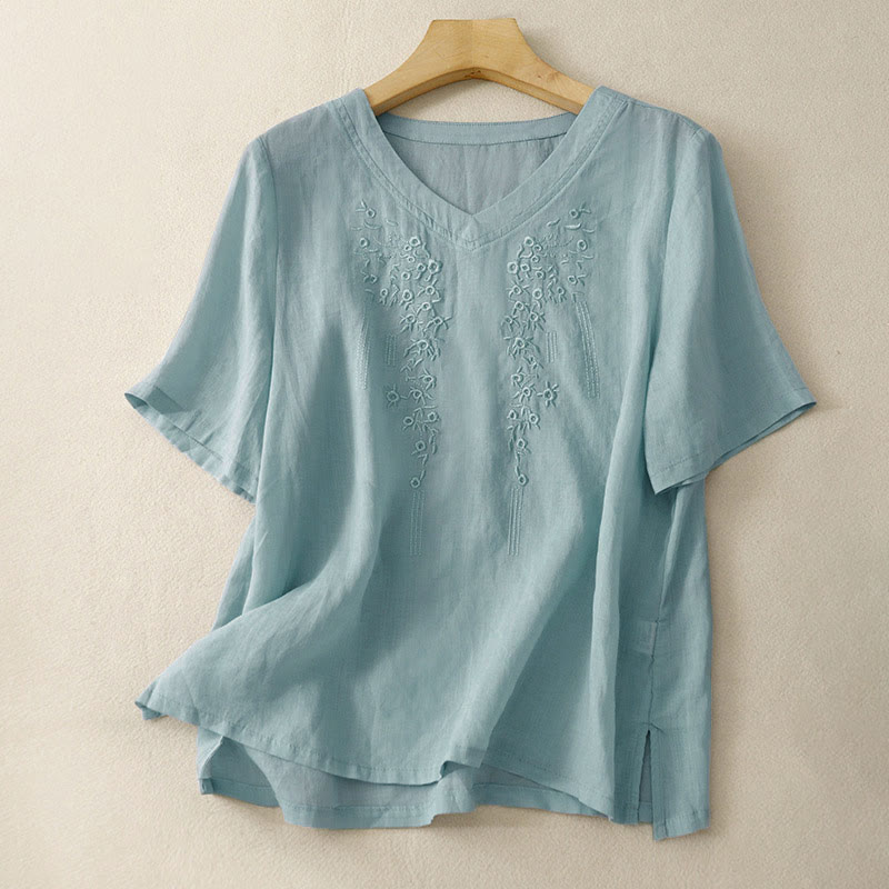 Buddha Stones Casual Women's Embroidered Flower V-neck Design Loose Half Sleeve Shirt - LightBlue - US8-10，UK/AU12-14，EU40-42 (2XL) - image 21