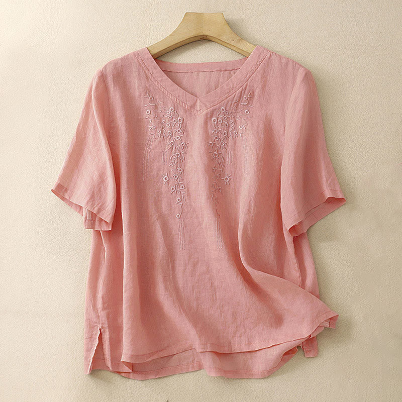 Buddha Stones Casual Women's Embroidered Flower V-neck Design Loose Half Sleeve Shirt - DarkSalmon - US8-10，UK/AU12-14，EU40-42 (2XL) - image 0
