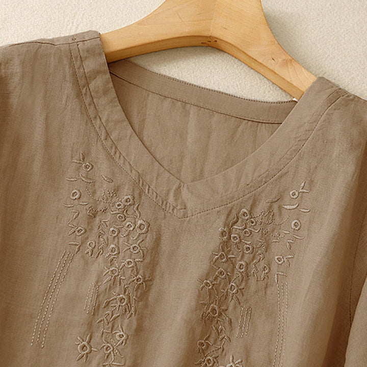 Buddha Stones Casual Women's Embroidered Flower V-neck Design Loose Half Sleeve Shirt - image 14