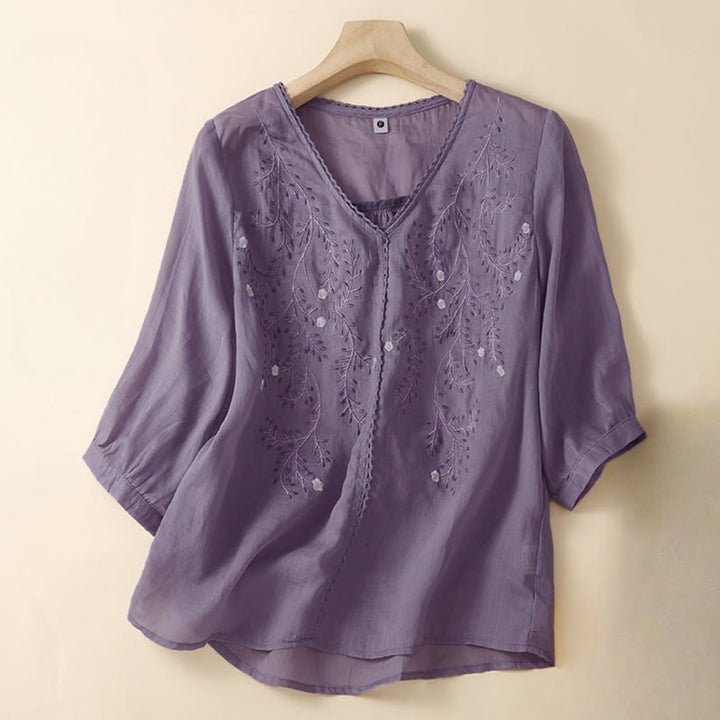 Buddha Stones Summer Casual Flower Branches Embroidered Pattern V-Neck Half Sleeve Women's T-shirt - MediumOrchid - US8-10，UK/AU12-14，EU40-42 (2XL) - image 6