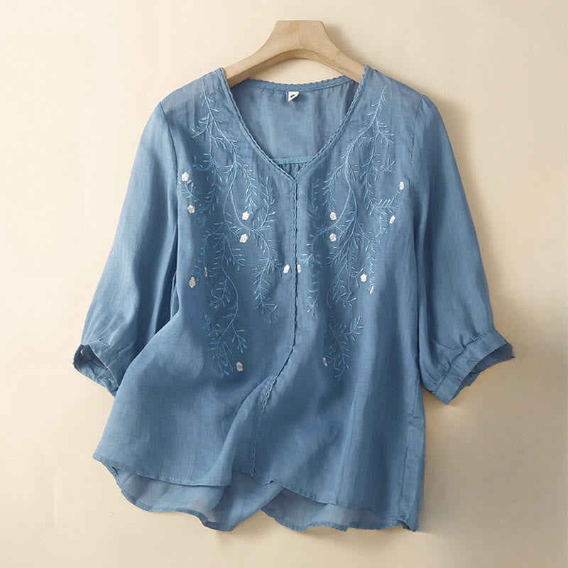 Buddha Stones Summer Casual Flower Branches Embroidered Pattern V-Neck Half Sleeve Women's T-shirt - SteelBlue - US8-10，UK/AU12-14，EU40-42 (2XL) - image 3