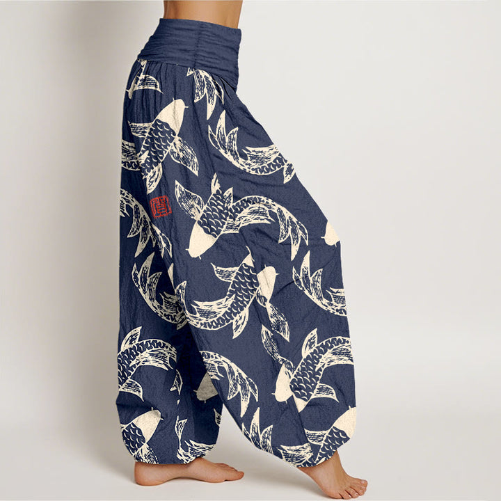 Buddha Stones Pure Cotton Swimming Koi Fish Women's Elastic Waist Harem Pants - image 2