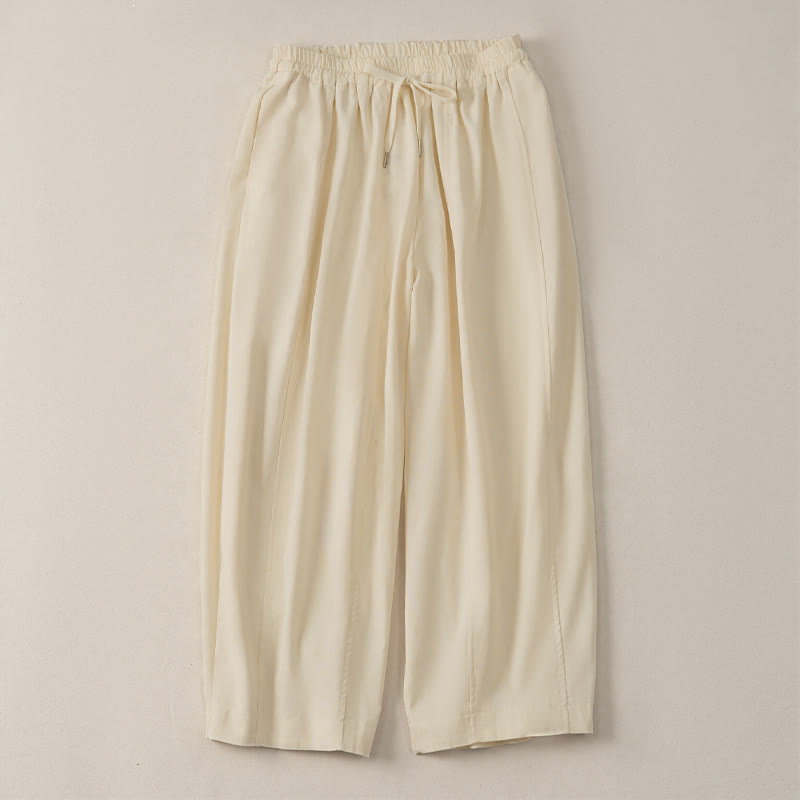 Buddha Stones Summer Casual Simple Drawstring Solid Cotton Linen Cropped Pants Women's Harem Pants With Pocket - image 3