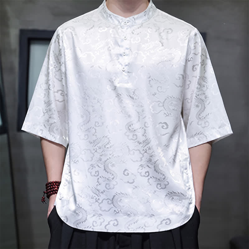 Buddha Stones Summer Vintage Tang Style Mandarin Collar Dragon Clouds Pattern Men's Short Sleeve Shirts - image 17