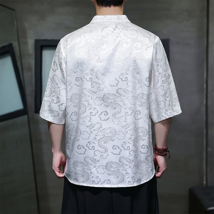 Buddha Stones Summer Vintage Tang Style Mandarin Collar Dragon Clouds Pattern Men's Short Sleeve Shirts - image 13