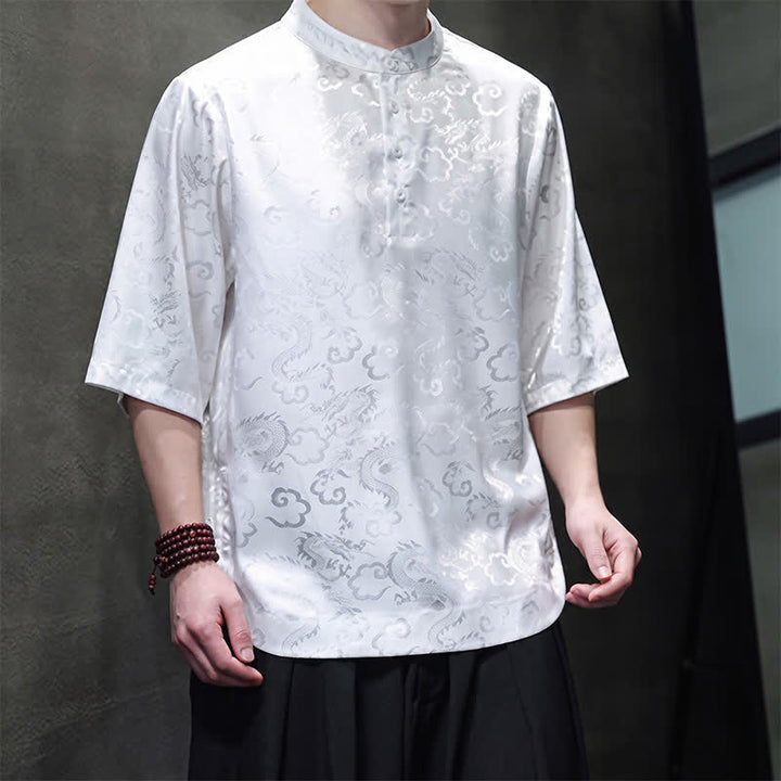 Buddha Stones Summer Vintage Tang Style Mandarin Collar Dragon Clouds Pattern Men's Short Sleeve Shirts - image 15